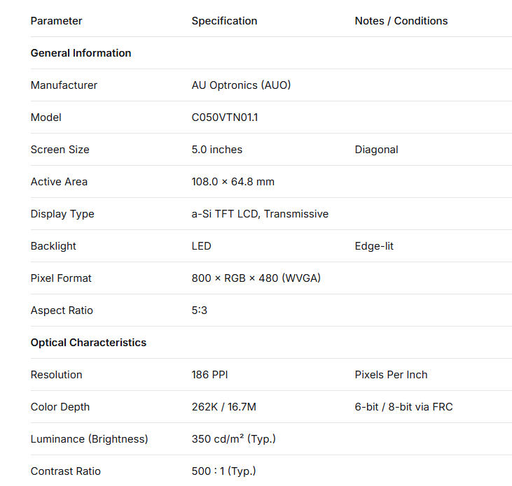 C050VTN01.1 AUO 5inch industrial lcd panel